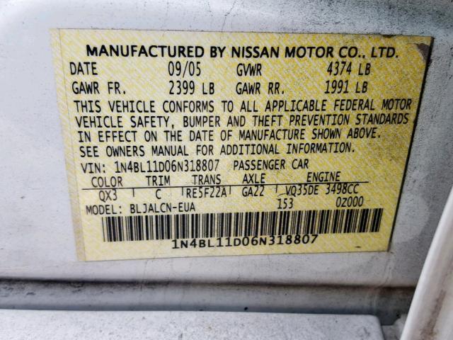 1N4BL11D06N318807 - 2006 NISSAN ALTIMA SE WHITE photo 10