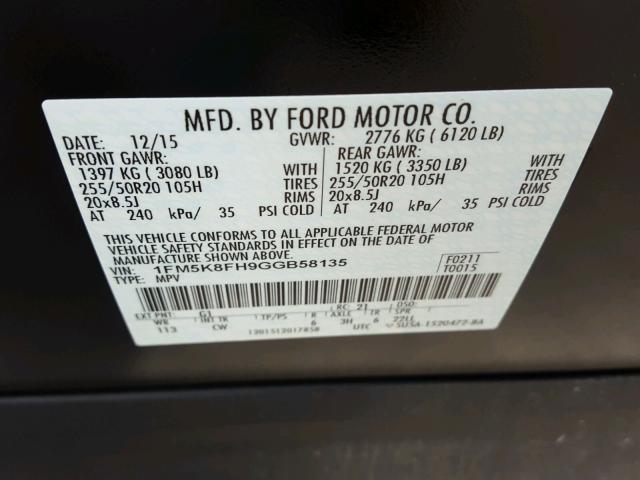 1FM5K8FH9GGB58135 - 2016 FORD EXPLORER L BLACK photo 10