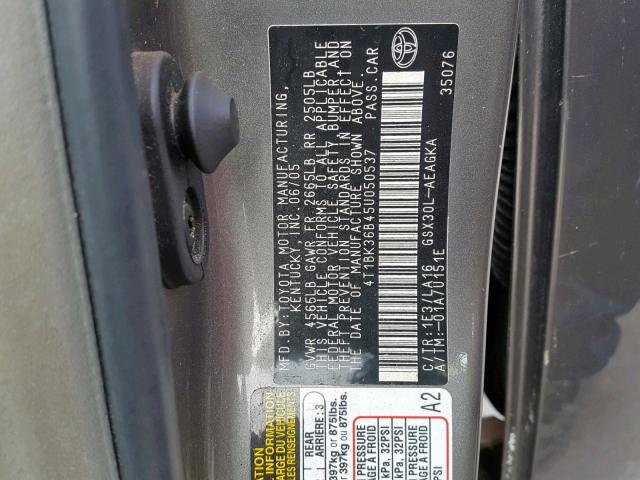 4T1BK36B45U050537 - 2005 TOYOTA AVALON XL GRAY photo 10