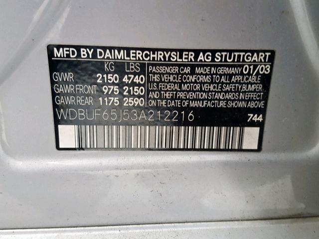 WDBUF65J53A212216 - 2003 MERCEDES-BENZ E 320 SILVER photo 10