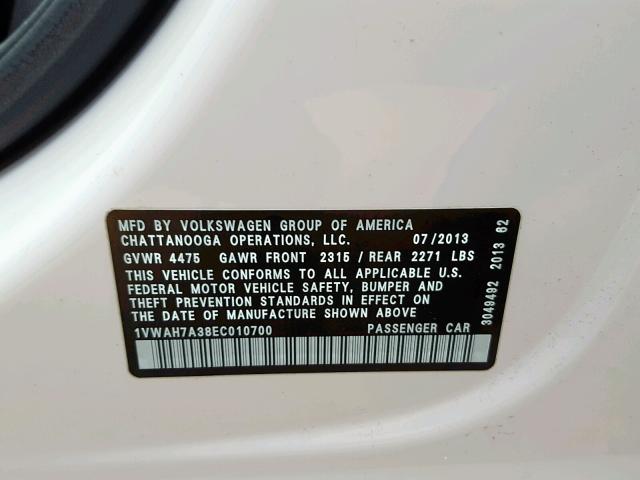 1VWAH7A38EC010700 - 2014 VOLKSWAGEN PASSAT S WHITE photo 10