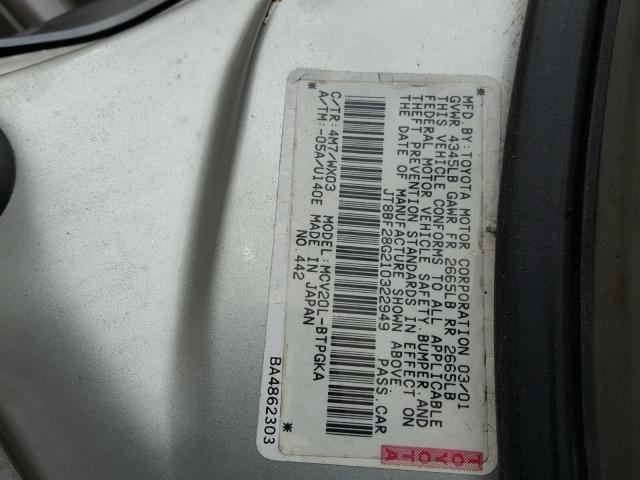 JT8BF28G210322949 - 2001 LEXUS ES 300 GRAY photo 10