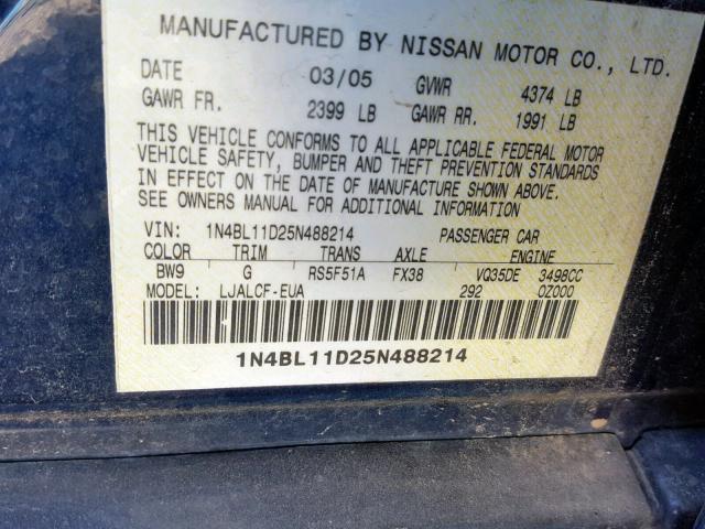 1N4BL11D25N488214 - 2005 NISSAN ALTIMA SE BLUE photo 10