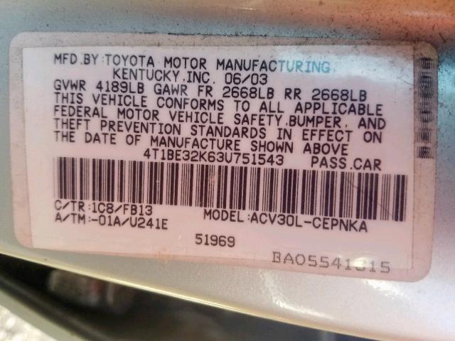 4T1BE32K63U751543 - 2003 TOYOTA CAMRY LE SILVER photo 10