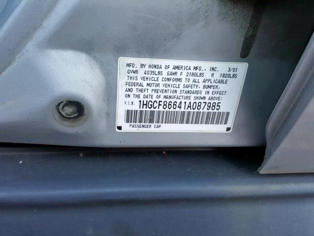 1HGCF86641A087985 - 2001 HONDA ACCORD VAL SILVER photo 10