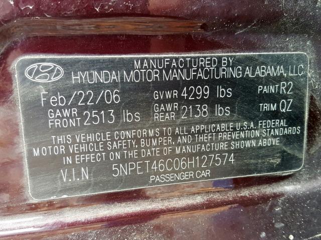 5NPET46C06H127574 - 2006 HYUNDAI SONATA GL BURGUNDY photo 10