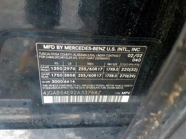 4JGAB54E92A337647 - 2002 MERCEDES-BENZ ML 320 BLACK photo 10