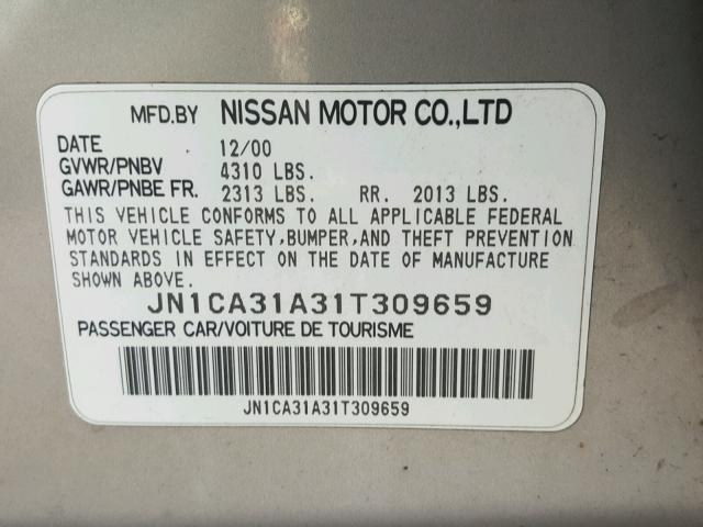 JN1CA31A31T309659 - 2001 NISSAN MAXIMA GXE GRAY photo 10