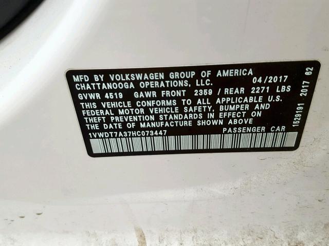 1VWDT7A37HC073447 - 2017 VOLKSWAGEN PASSAT R-L WHITE photo 10