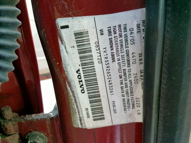 YV1RS592652483261 - 2005 VOLVO S60 2.5T RED photo 10