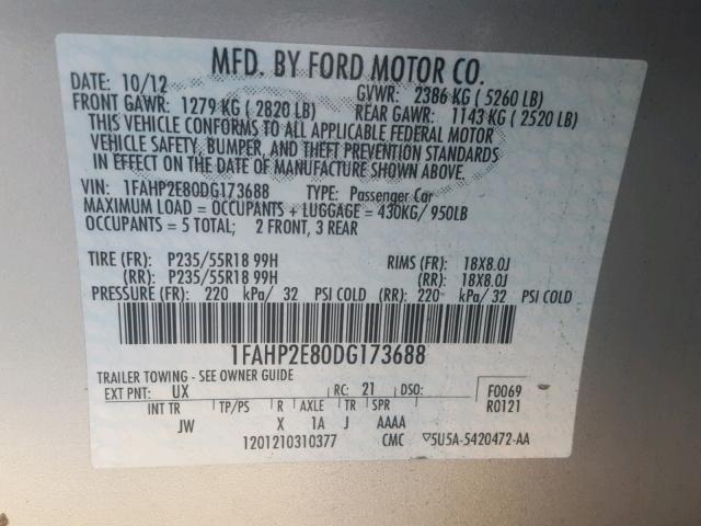 1FAHP2E80DG173688 - 2013 FORD TAURUS SEL SILVER photo 10