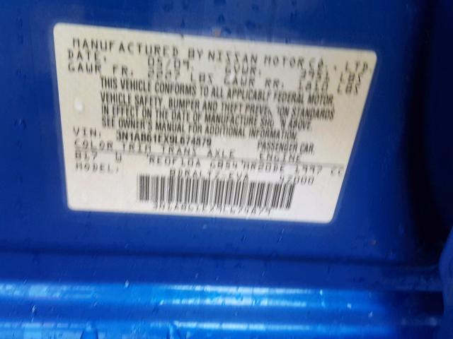 3N1AB61EX9L674879 - 2009 NISSAN SENTRA 2.0 BLUE photo 10