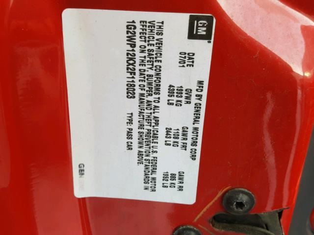 1G2WP12KX2F118023 - 2002 PONTIAC GRAND PRIX RED photo 10