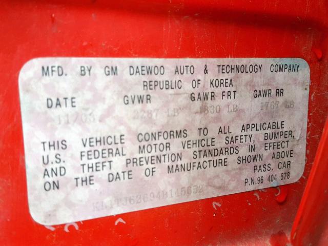 KL1TJ62694B145652 - 2004 CHEVROLET AVEO LS RED photo 10