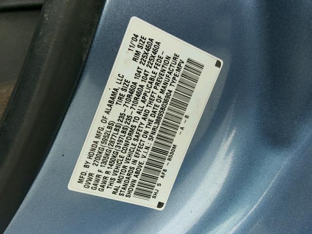 5FNRL38895B036904 - 2005 HONDA ODYSSEY TO BLUE photo 10