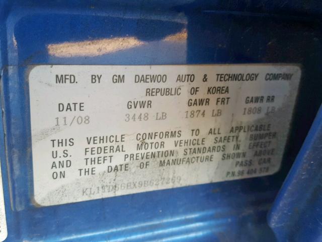 KL1TD66EX9B627269 - 2009 CHEVROLET AVEO LS BLUE photo 10