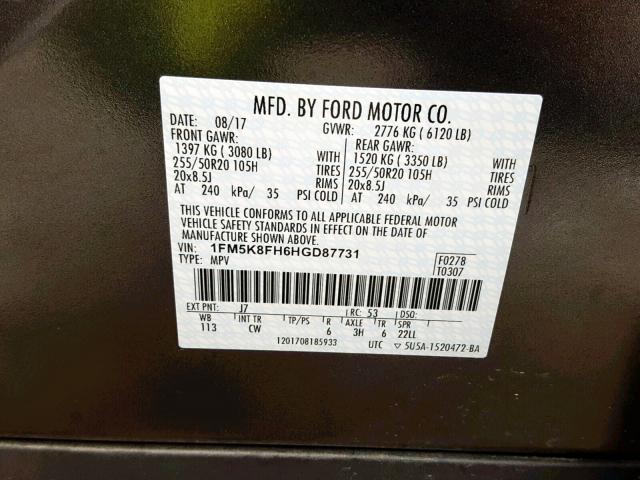 1FM5K8FH6HGD87731 - 2017 FORD EXPLORER L GRAY photo 10