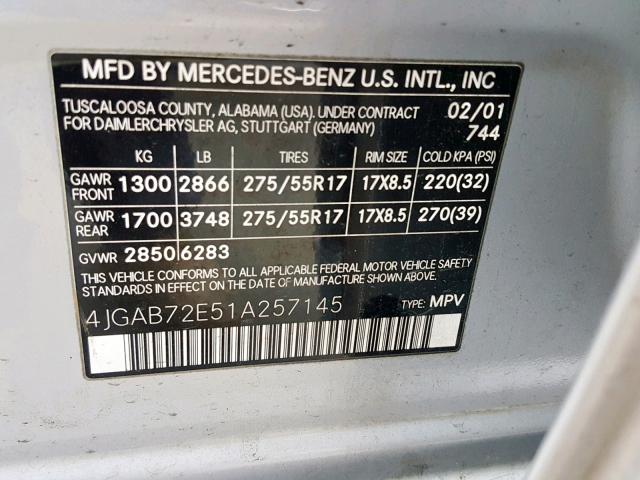 4JGAB72E51A257145 - 2001 MERCEDES-BENZ ML 430 SILVER photo 10