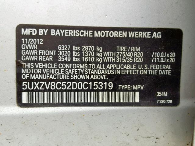 5UXZV8C52D0C15319 - 2013 BMW X5 XDRIVE5 SILVER photo 10