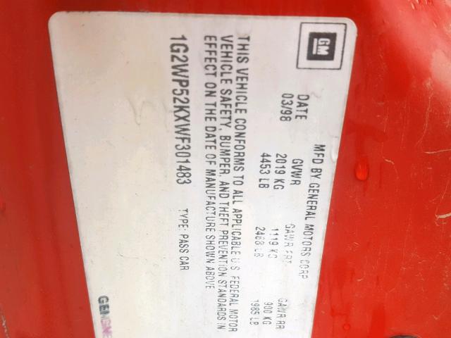 1G2WP52KXWF301483 - 1998 PONTIAC GRAND PRIX RED photo 10