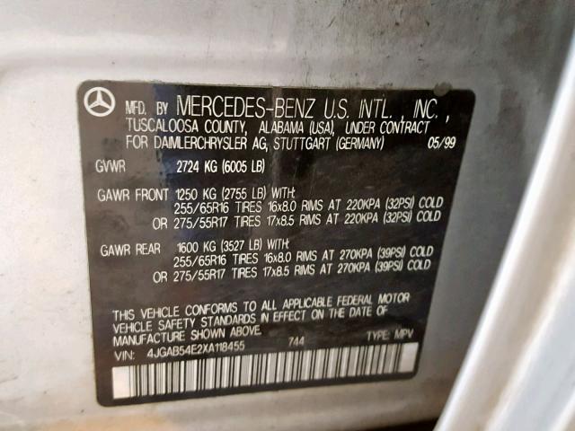 4JGAB54E2XA118455 - 1999 MERCEDES-BENZ ML 320 SILVER photo 10