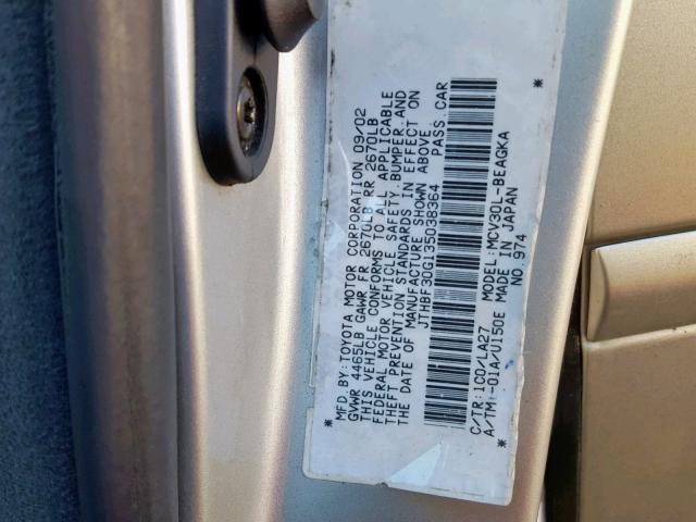 JTHBF30G135038364 - 2003 LEXUS ES 300 SILVER photo 10