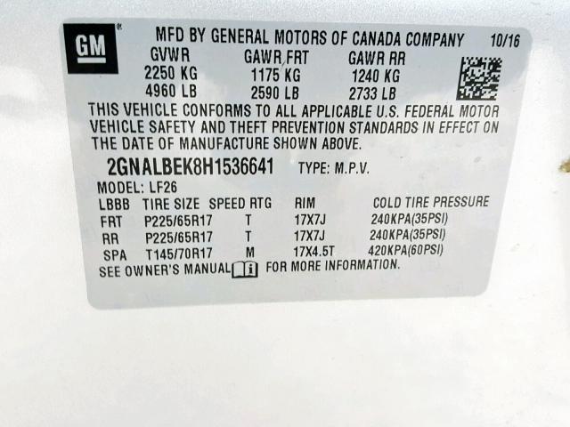 2GNALBEK8H1536641 - 2017 CHEVROLET EQUINOX LS SILVER photo 10