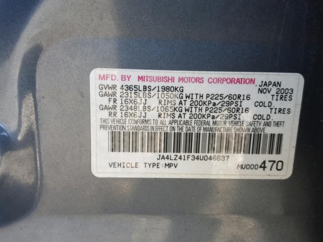 JA4LZ41F34U046637 - 2004 MITSUBISHI OUTLANDER BLUE photo 10