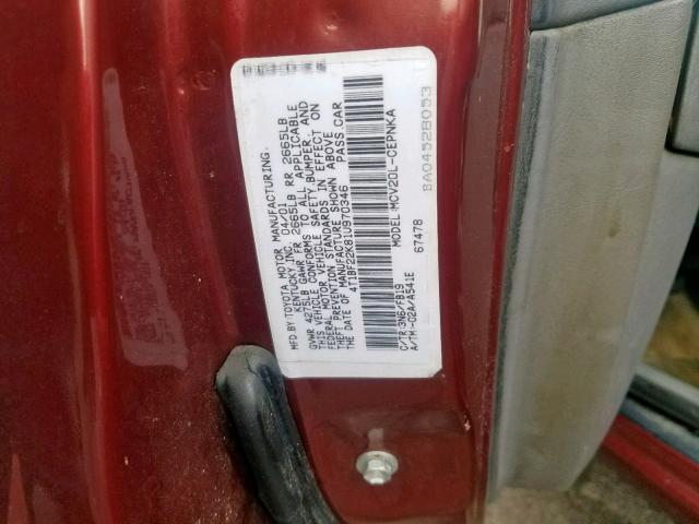 4T1BF22K81U970346 - 2001 TOYOTA CAMRY LE RED photo 10
