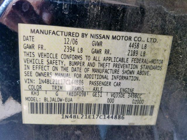 1N4BL21E17C144886 - 2007 NISSAN ALTIMA 3.5 BLACK photo 10