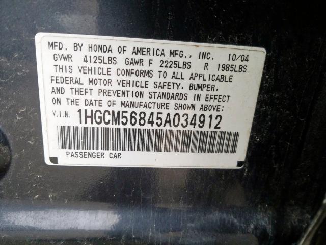 1HGCM56845A034912 - 2005 HONDA ACCORD EX GRAY photo 10