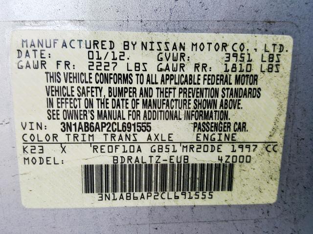 3N1AB6AP2CL691555 - 2012 NISSAN SENTRA 2.0 SILVER photo 10