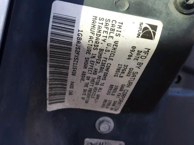 1G8AJ52FX5Z115430 - 2005 SATURN ION LEVEL SILVER photo 10