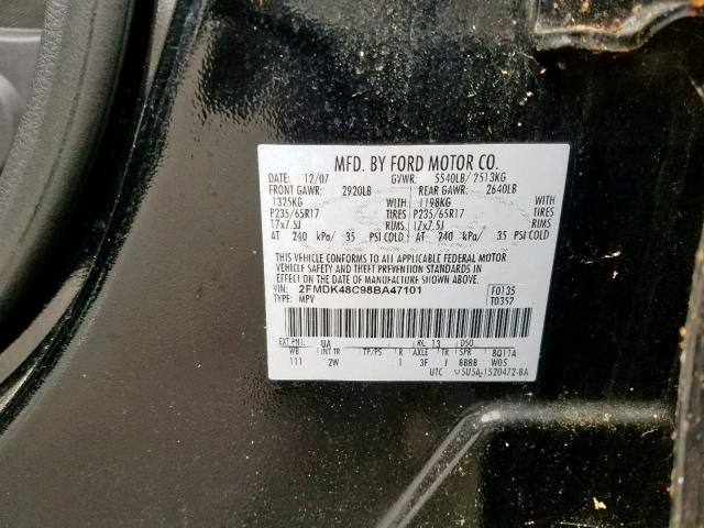 2FMDK48C98BA47101 - 2008 FORD EDGE SEL BLACK photo 10