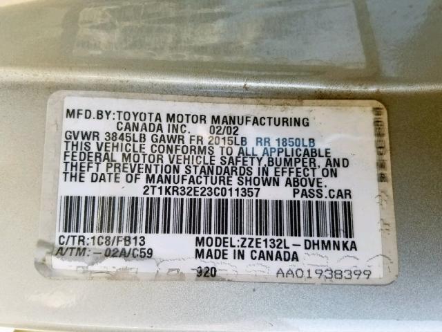 2T1KR32E23C011357 - 2003 TOYOTA MATRIX SILVER photo 10