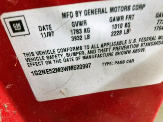 1G2NE52M9WM520997 - 1998 PONTIAC GRAND AM S RED photo 10
