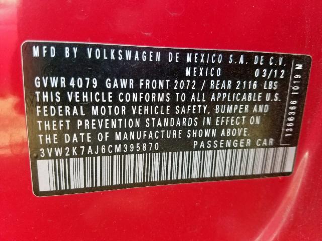3VW2K7AJ6CM395870 - 2012 VOLKSWAGEN JETTA BASE 红色 照片 10