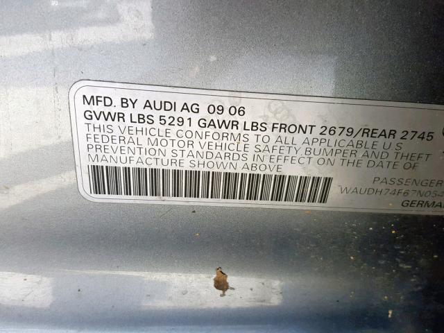 WAUDH74F67N054544 - 2007 AUDI A6 3.2 QUA GRAY photo 10