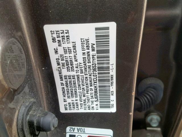 5J6RM4H7XCL073653 - 2012 HONDA CR-V EXL GRAY photo 10