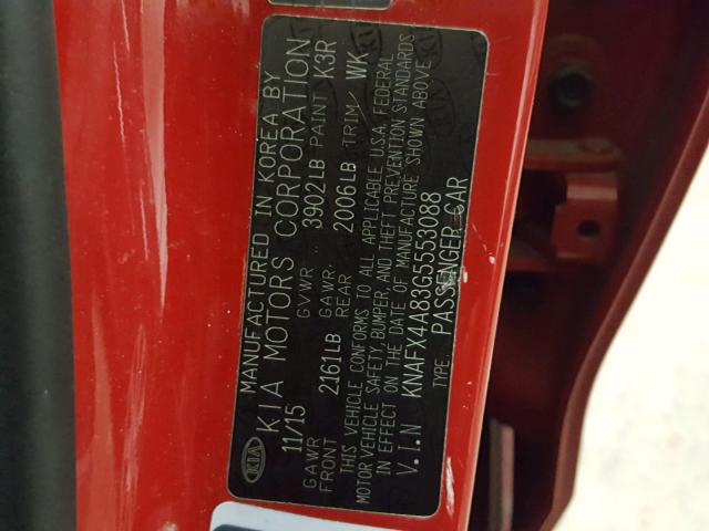 KNAFX4A83G5553088 - 2016 KIA FORTE EX RED photo 10