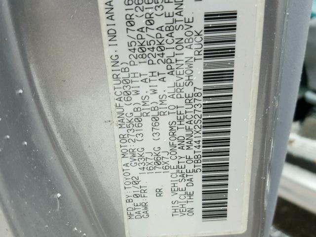 5TBBT441X2S273787 - 2002 TOYOTA TUNDRA ACC SILVER photo 10