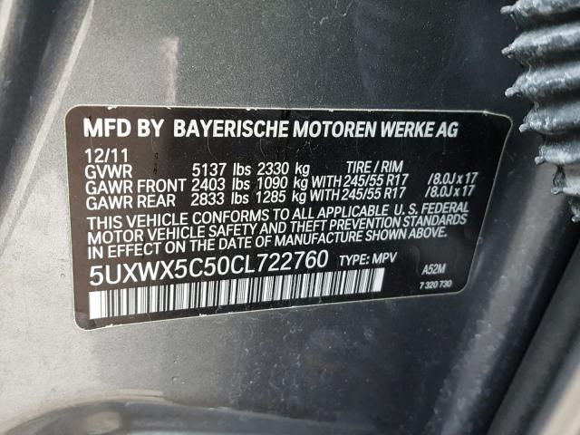 5UXWX5C50CL722760 - 2012 BMW X3 XDRIVE2 GRAY photo 10