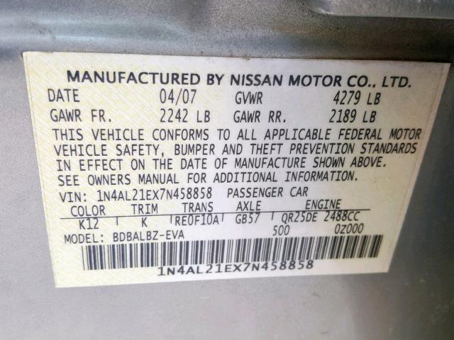 1N4AL21EX7N458858 - 2007 NISSAN ALTIMA 2.5 SILVER photo 10