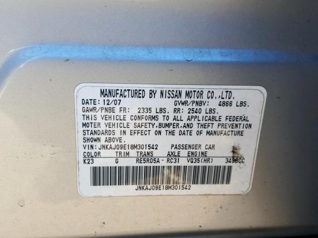 JNKAJ09E18M301542 - 2008 INFINITI EX35 BASE SILVER photo 10
