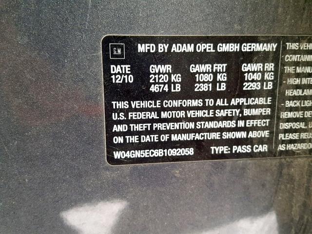 W04GN5EC6B1092058 - 2011 BUICK REGAL GRAY photo 10