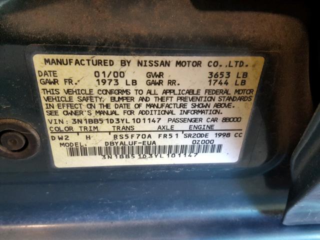 3N1BB51D3YL101147 - 2000 NISSAN SENTRA SE GREEN photo 10