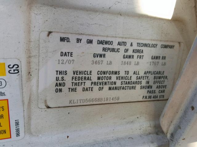 KL1TD56668B181459 - 2008 CHEVROLET AVEO BASE Ақ фото 10