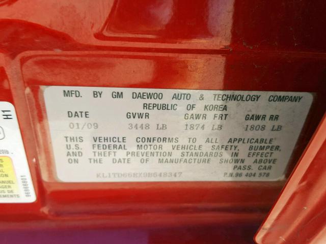 KL1TD66EX9B648347 - 2009 CHEVROLET AVEO LS BURGUNDY photo 10