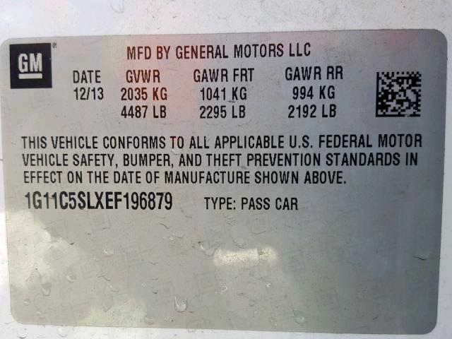 1G11C5SLXEF196879 - 2014 CHEVROLET MALIBU 1LT WHITE photo 10