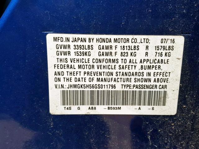 JHMGK5H56GS011796 - 2016 HONDA FIT LX BLUE photo 10